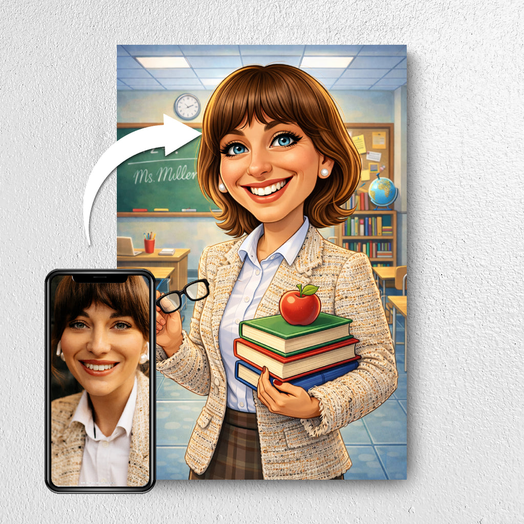 Before and after example of teacher photo turned into caricature portrait