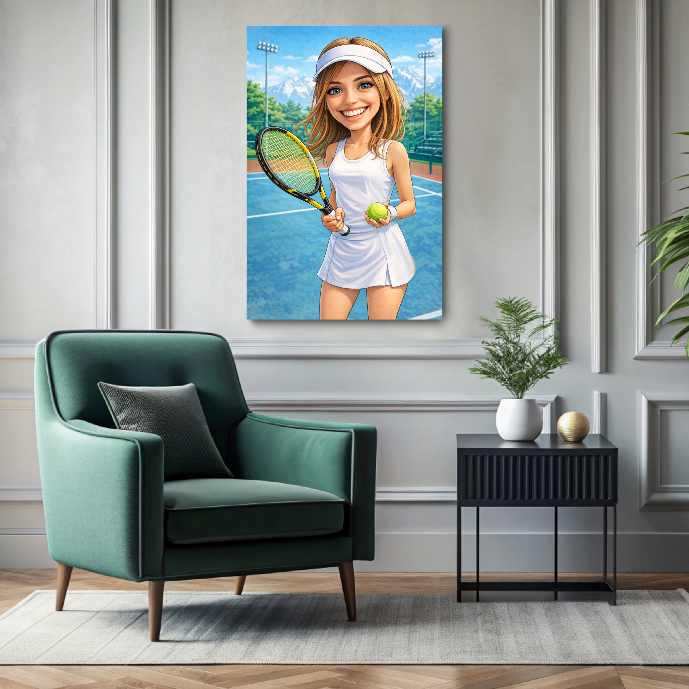 Custom tennis player caricature portrait printed on ready-to-hang canvas