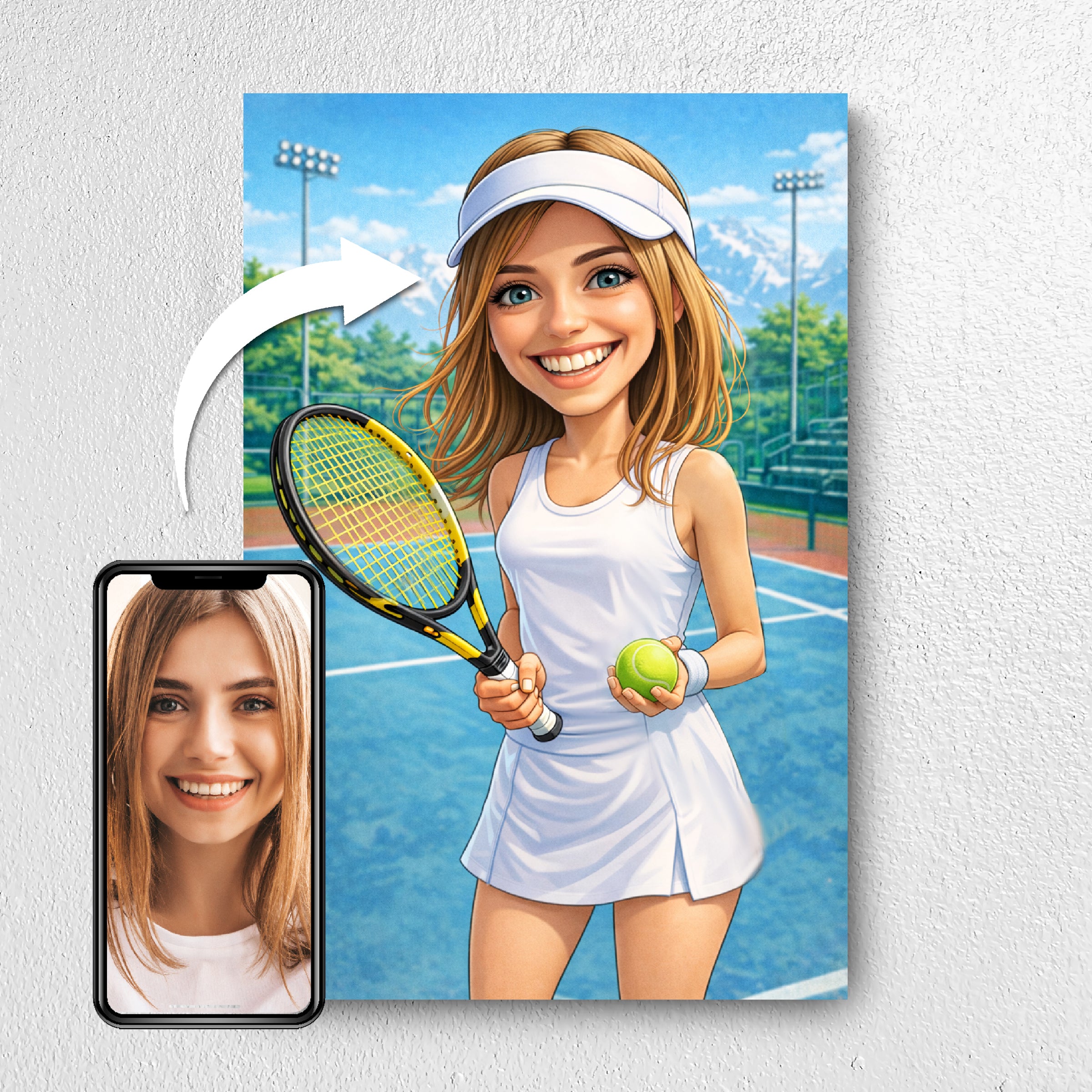 Before and after example of tennis player photo turned into caricature portrait