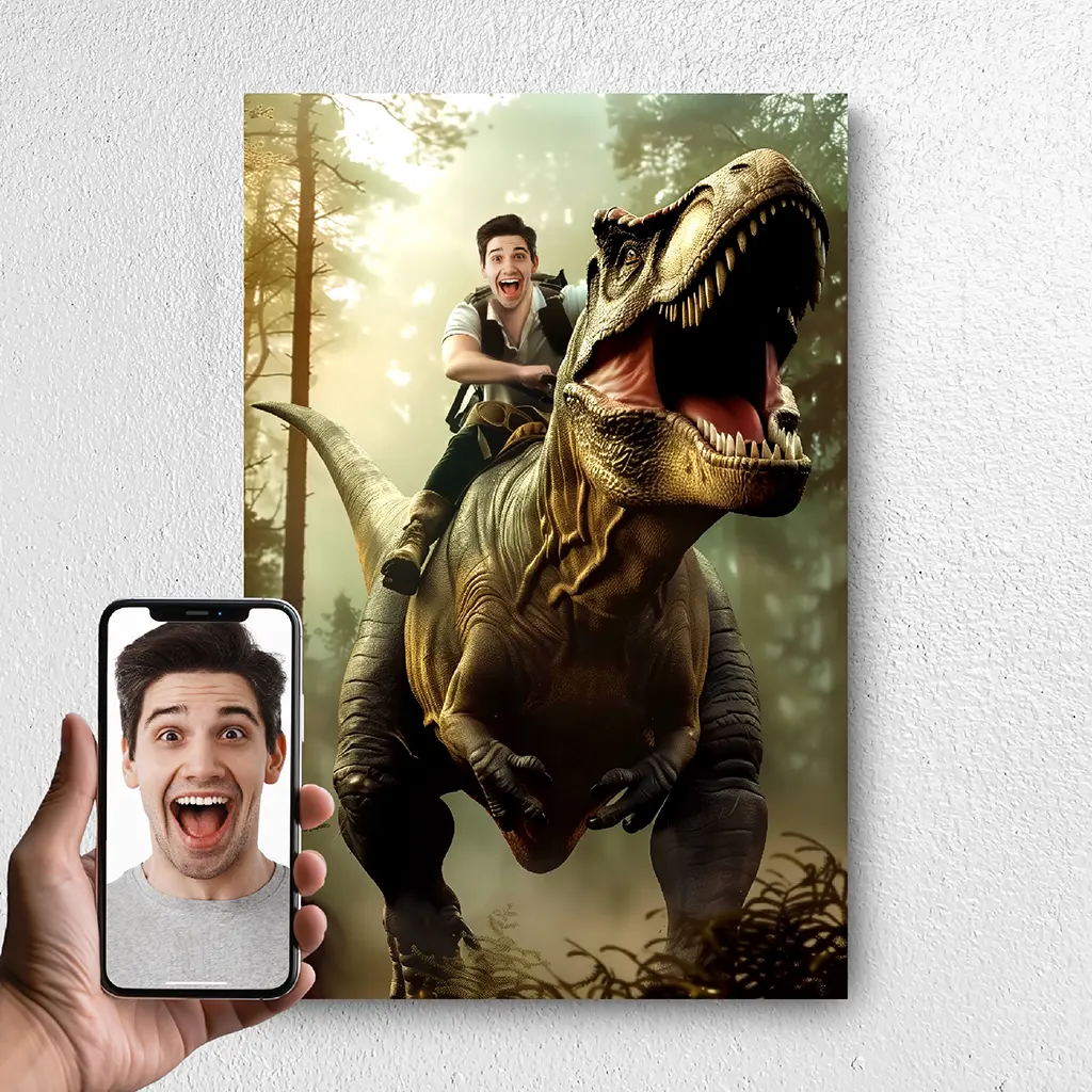 Riding a T-Rex custom personalized male portrait from photo